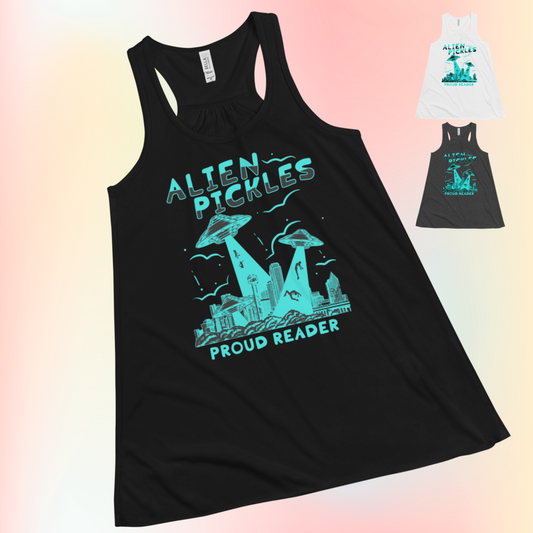 Alien Pickles – Proud Reader – Women’s Flowy Racerback Tank – Teal Design
