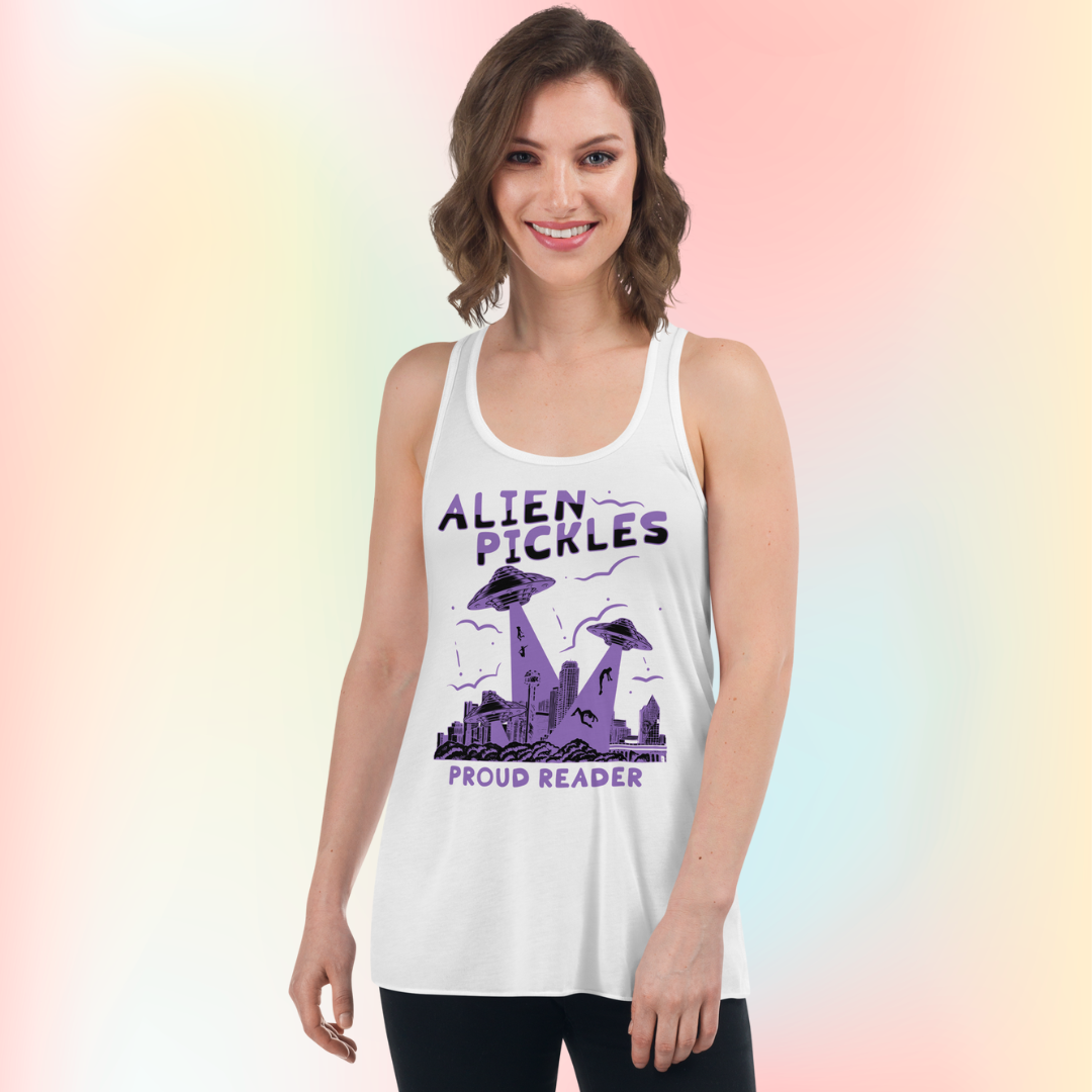 Alien Pickles – Proud Reader – Women’s Flowy Racerback Tank – Lavender Design