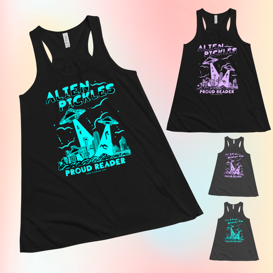 Alien Pickles – Proud Reader – Women’s Flowy Racerback Tank – Teal Design