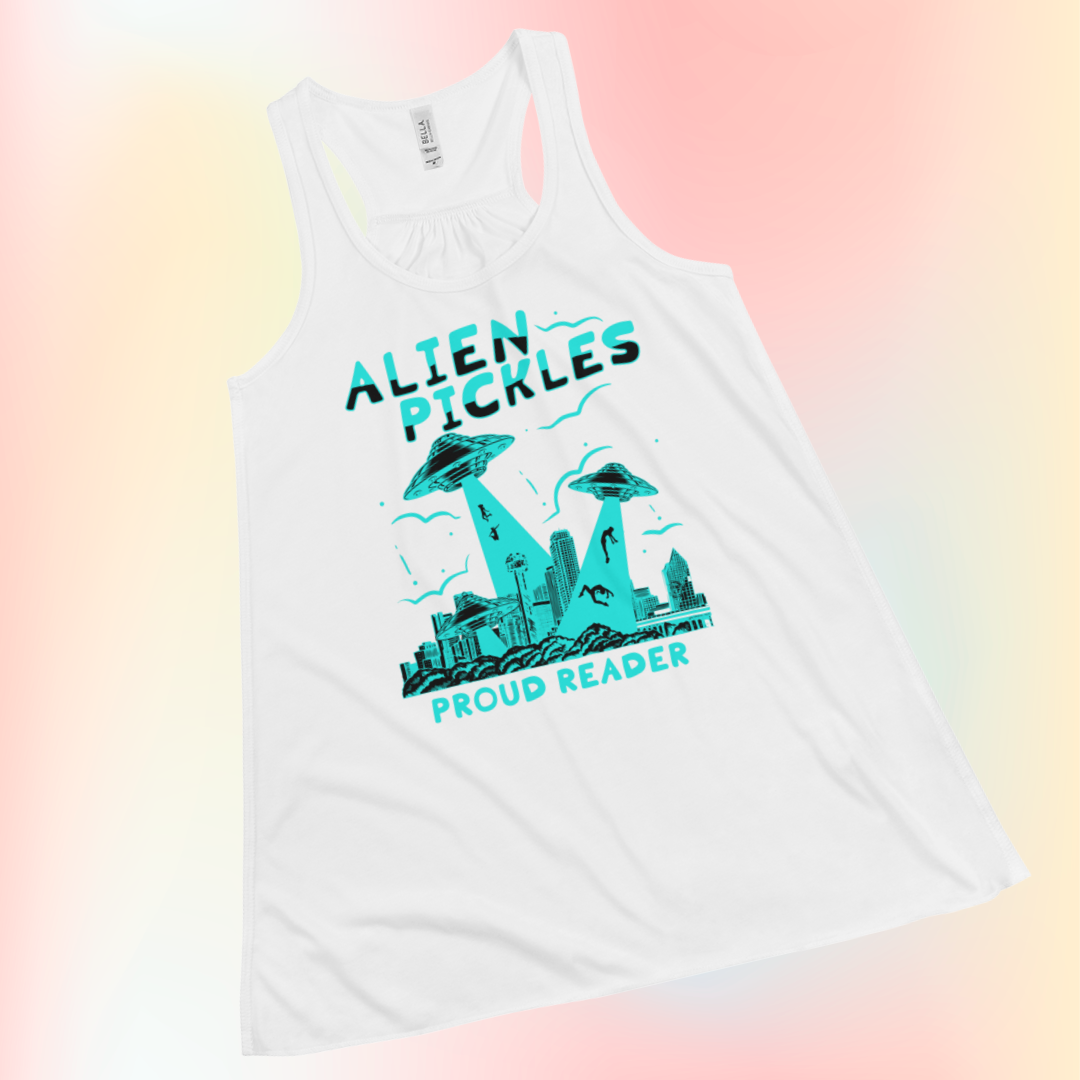 Alien Pickles – Proud Reader – Women’s Flowy Racerback Tank – Teal Design