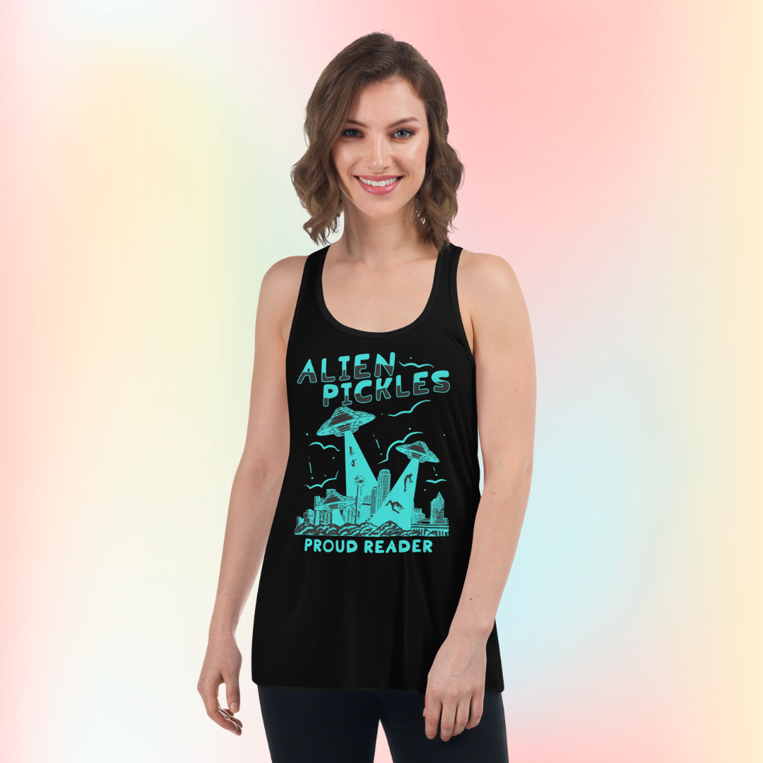 Alien Pickles – Proud Reader – Women’s Flowy Racerback Tank – Teal Design