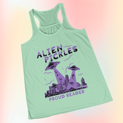 Alien Pickles – Proud Reader – Women’s Flowy Racerback Tank – Lavender Design